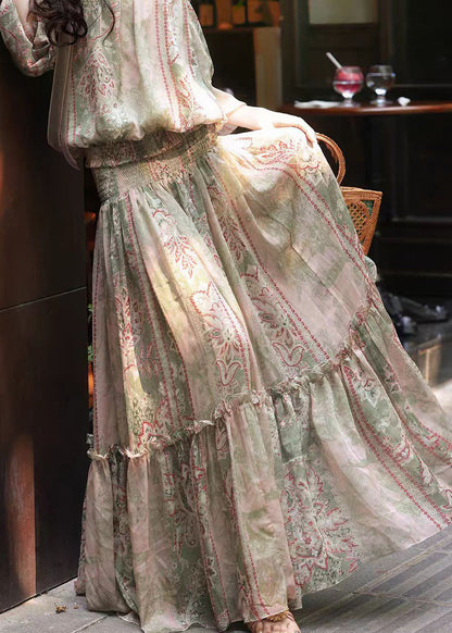 Women Green Cold Shoulder Print Chiffon Two Pieces Set Summer