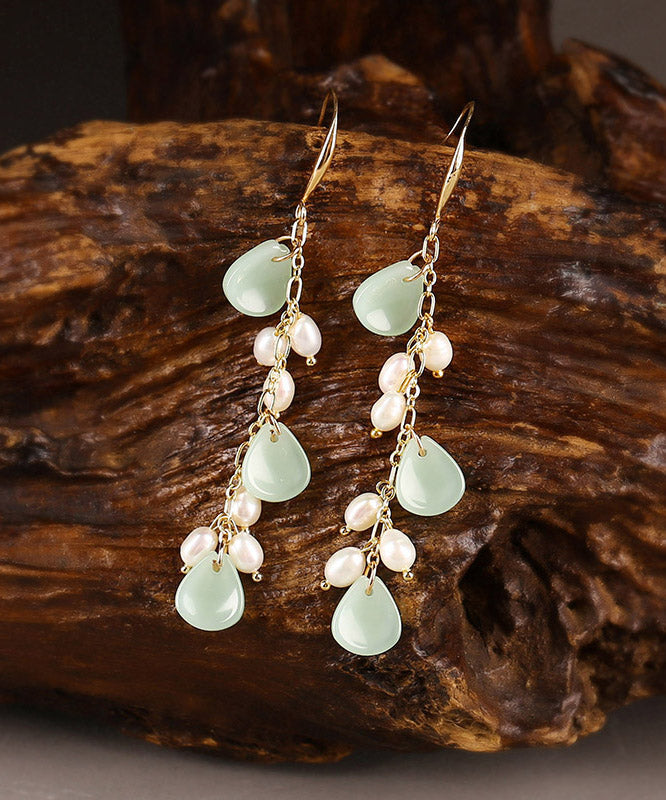 Women Green Copper Pearl Coloured Glaze Drop Earrings