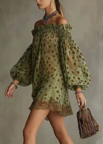 Women Green Dot Slash Neck Patchwork Lace Mini Dress Summer