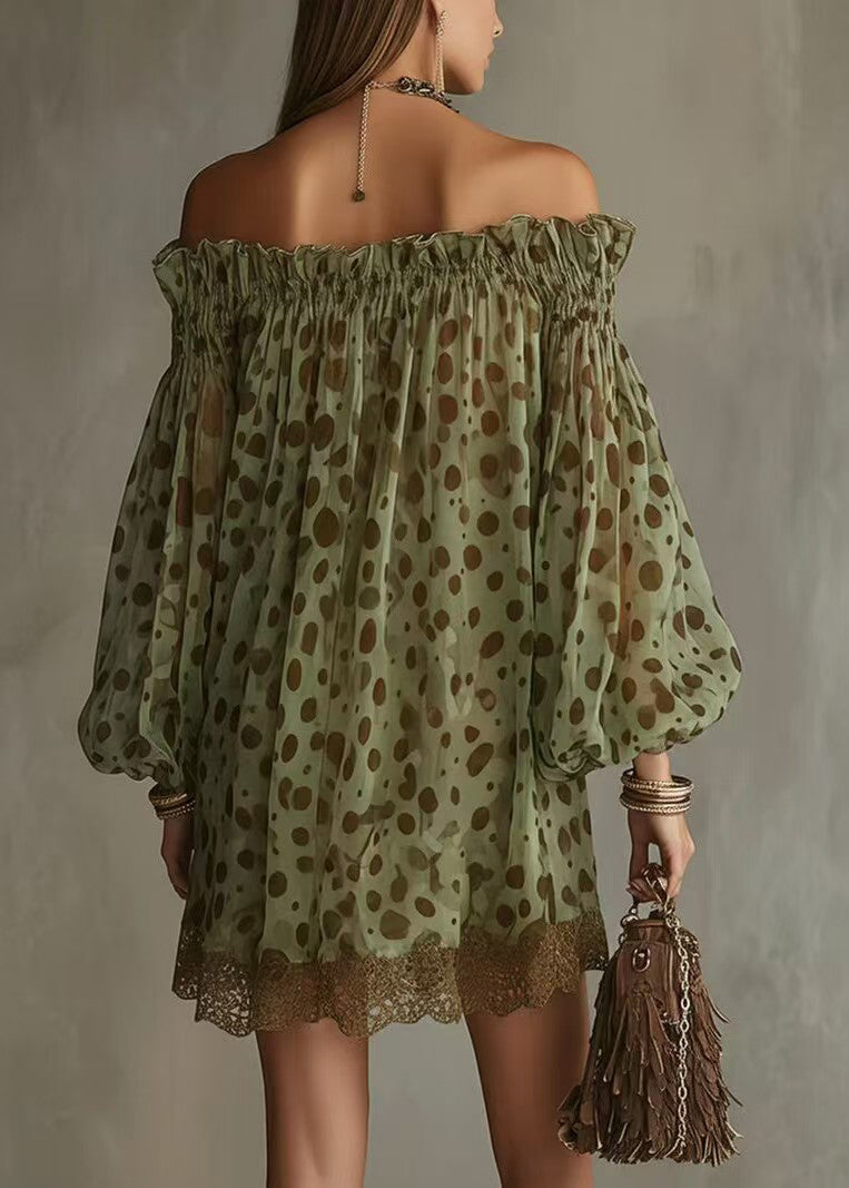 Women Green Dot Slash Neck Patchwork Lace Mini Dress Summer