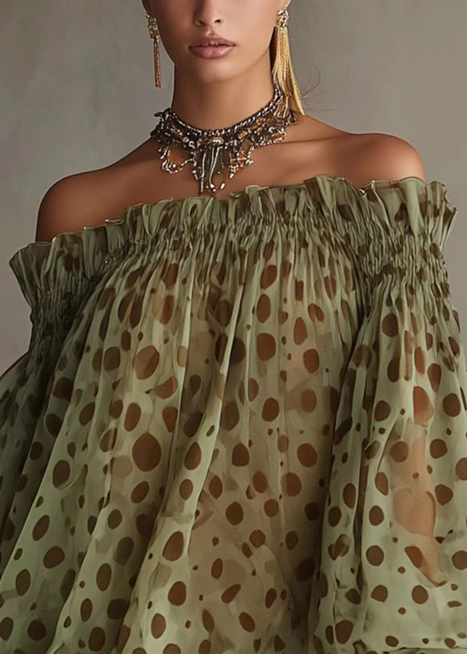 Women Green Dot Slash Neck Patchwork Lace Mini Dress Summer