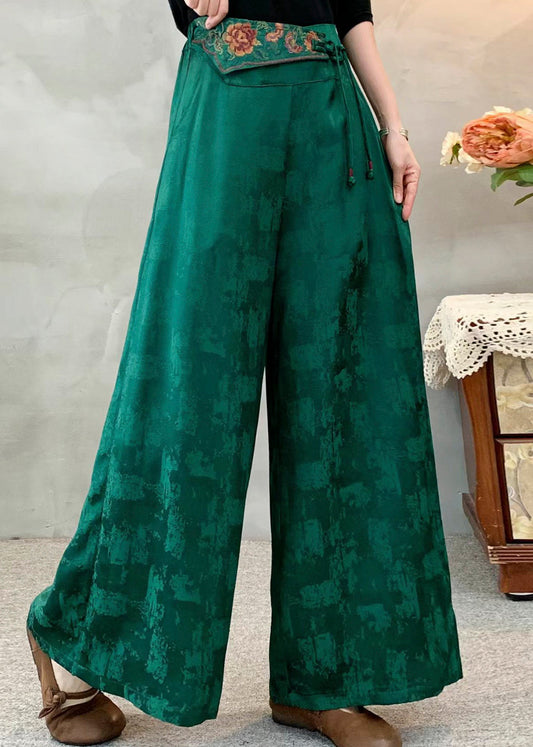 Women Green Embroidered Silk Wide Leg Pants Spring