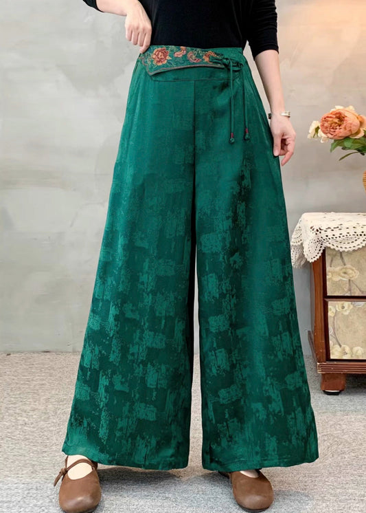 Women Green Embroidered Silk Wide Leg Pants Spring