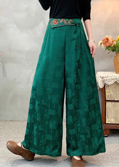 Women Green Embroidered Silk Wide Leg Pants Spring