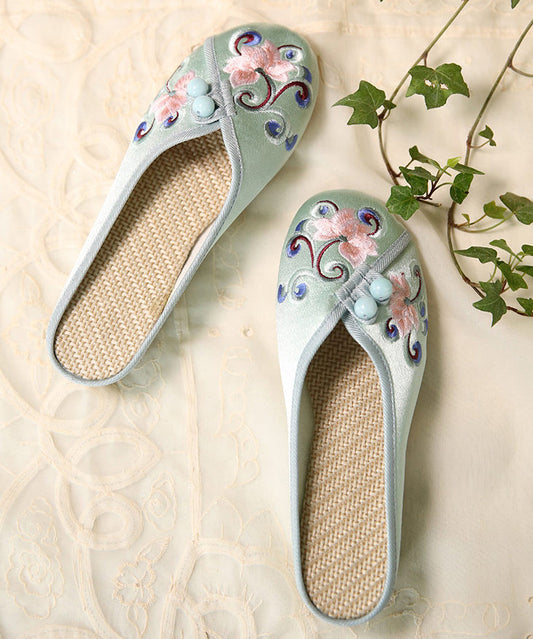 Damen Sandalen mit besticktem Knopf und Baumwollstoff in Grün