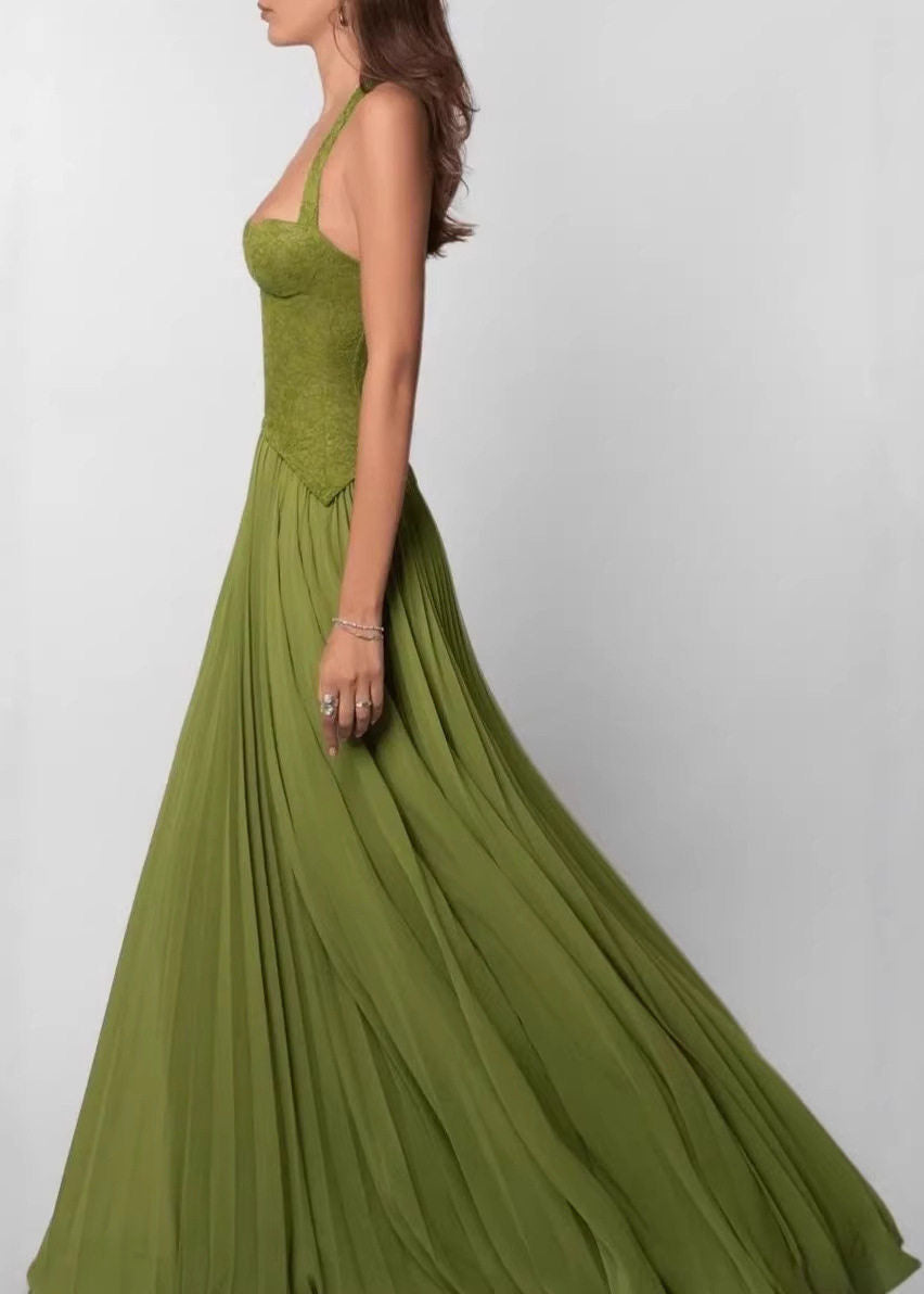 Women Green Halter Backless Cross Strap Wrinkled Long Dresses Sleeveless