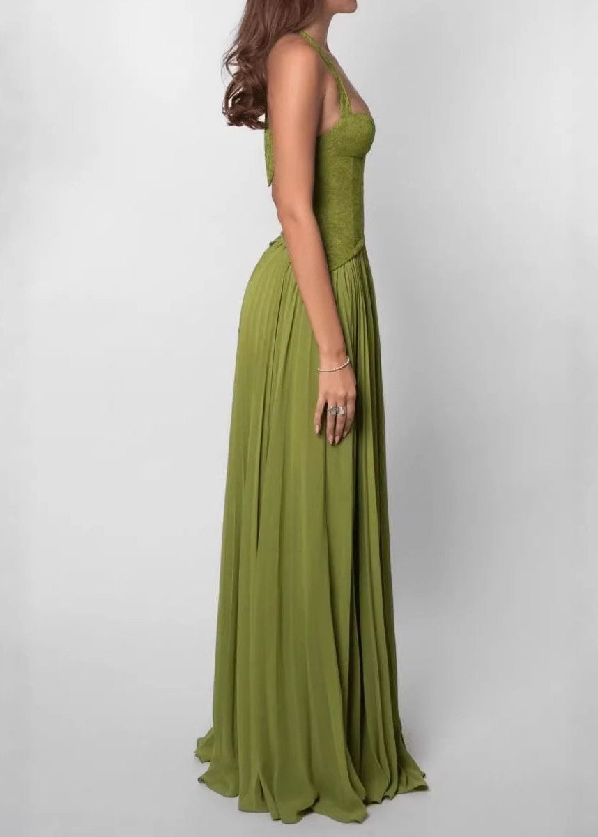 Women Green Halter Backless Cross Strap Wrinkled Long Dresses Sleeveless