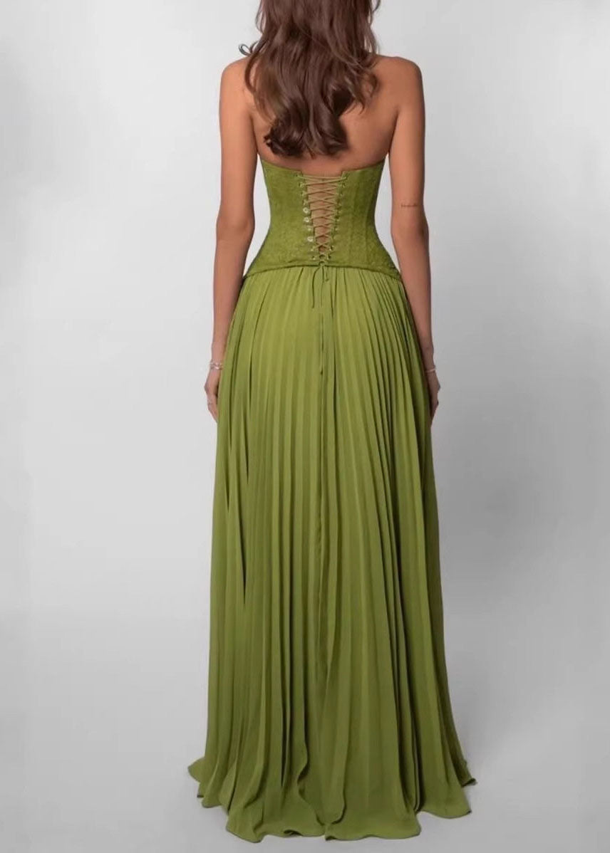 Women Green Halter Backless Cross Strap Wrinkled Long Dresses Sleeveless