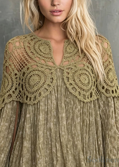 Women Green Hollow Out Wrinkled Patchwork Cotton Top Fall