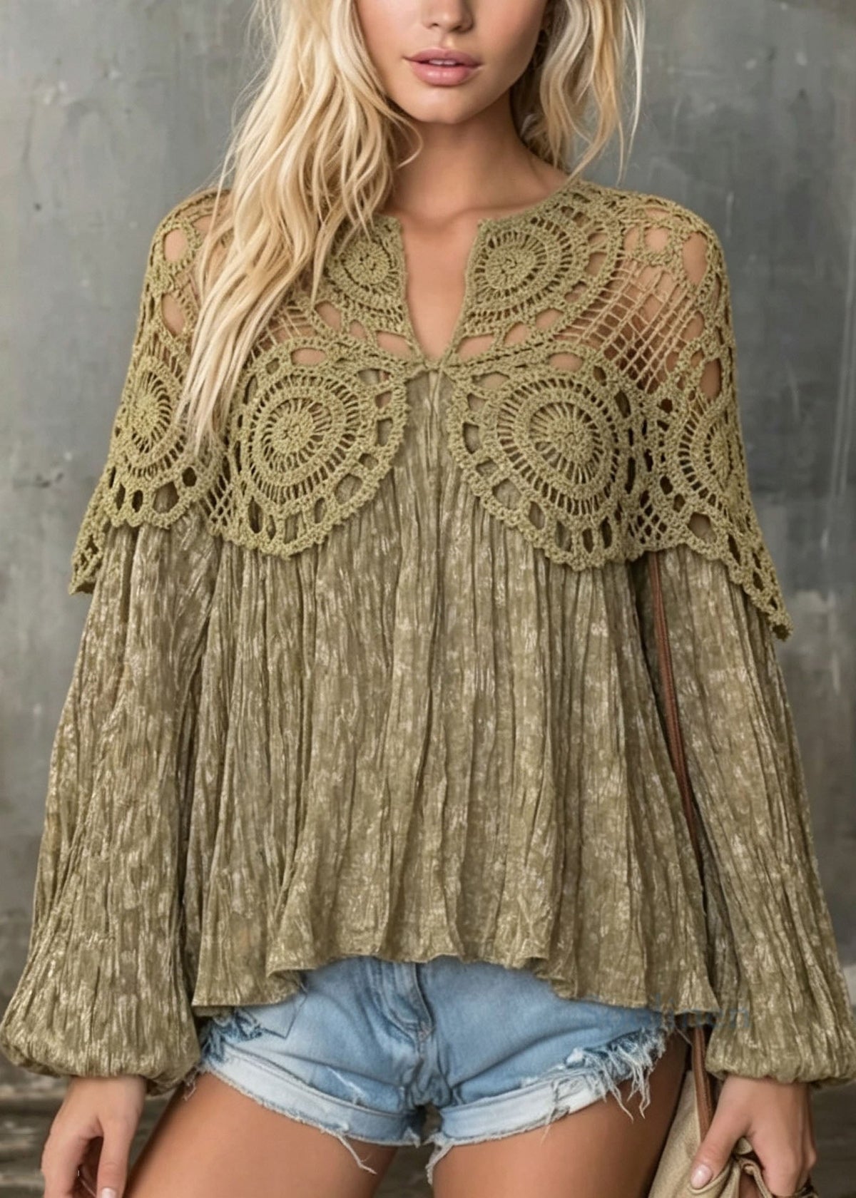 Women Green Hollow Out Wrinkled Patchwork Cotton Top Fall