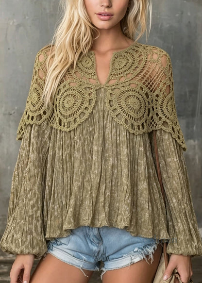 Women Green Hollow Out Wrinkled Patchwork Cotton Top Fall