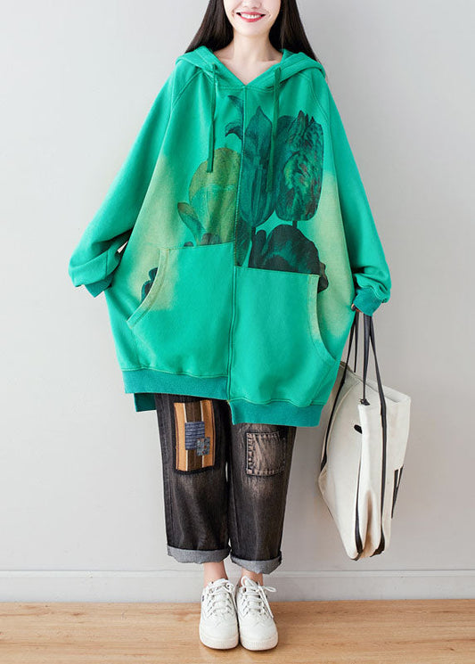 Frauen Grün Mit Kapuze kordelzug taschen asymmetrische design Print Sweatshirt kleider Frühling