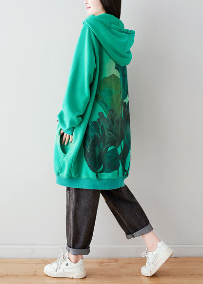 Frauen Grün Mit Kapuze kordelzug taschen asymmetrische design Print Sweatshirt kleider Frühling