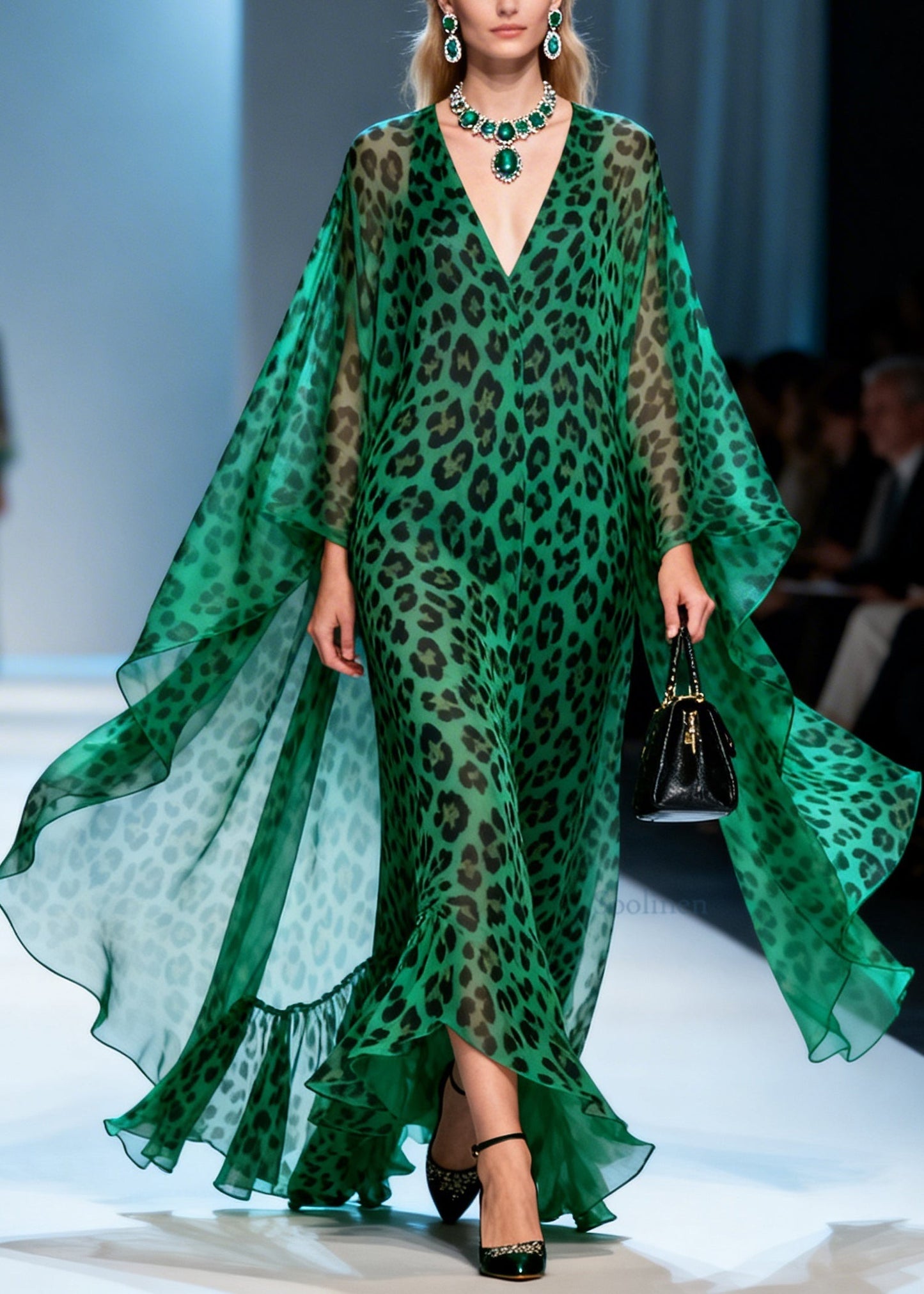 Women Green Leopard V Neck Patchwork Chiffon Maxi Dresses Summer