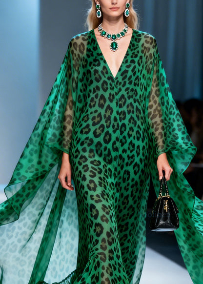 Women Green Leopard V Neck Patchwork Chiffon Maxi Dresses Summer