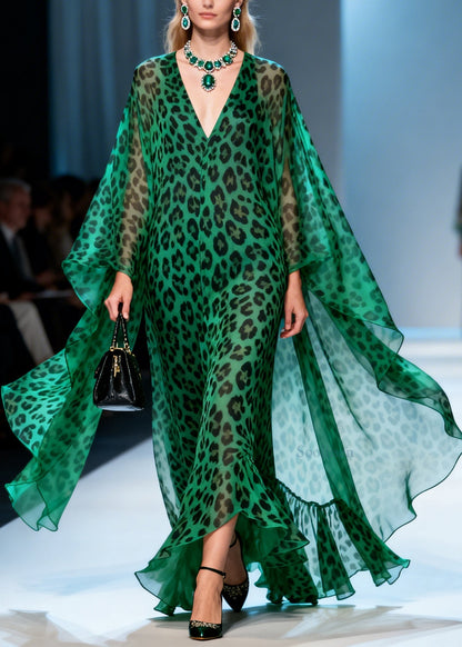 Women Green Leopard V Neck Patchwork Chiffon Maxi Dresses Summer