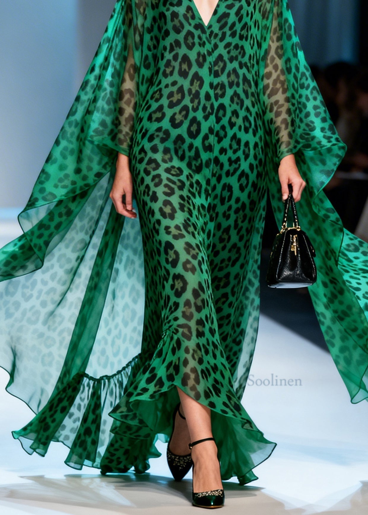 Women Green Leopard V Neck Patchwork Chiffon Maxi Dresses Summer
