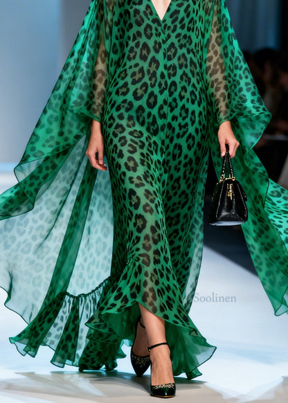Women Green Leopard V Neck Patchwork Chiffon Maxi Dresses Summer