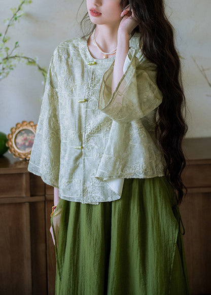 Women Green O-Neck Button Shirts And Wide Leg Pants Two Pieces Set Flare Sleeve