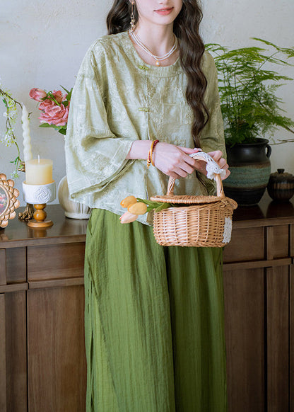 Women Green O-Neck Button Shirts And Wide Leg Pants Two Pieces Set Flare Sleeve