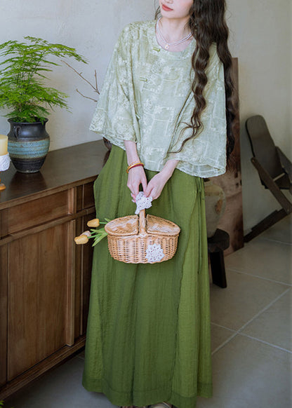 Women Green O-Neck Button Shirts And Wide Leg Pants Two Pieces Set Flare Sleeve