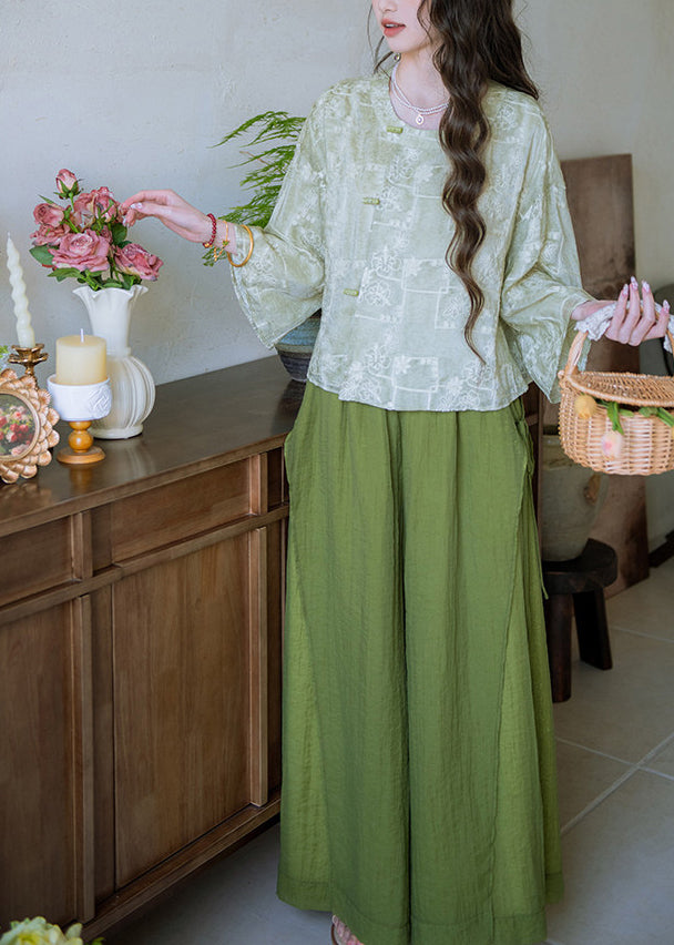 Women Green O-Neck Button Shirts And Wide Leg Pants Two Pieces Set Flare Sleeve