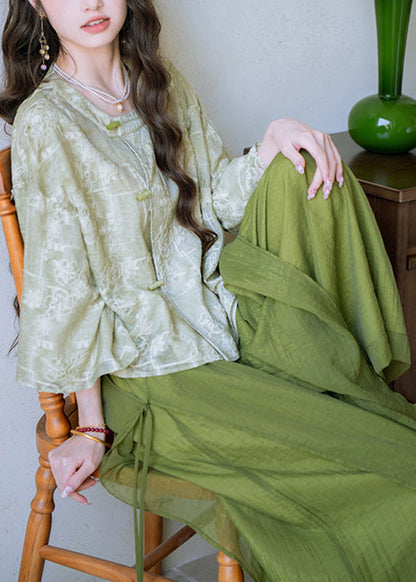 Women Green O-Neck Button Shirts And Wide Leg Pants Two Pieces Set Flare Sleeve