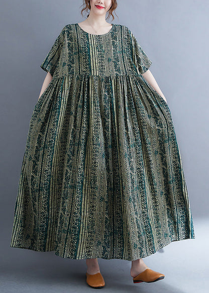 Frauen Grün O-Ausschnitt Cinched Print Extra großer Saum Lange Kleider Kurzarm