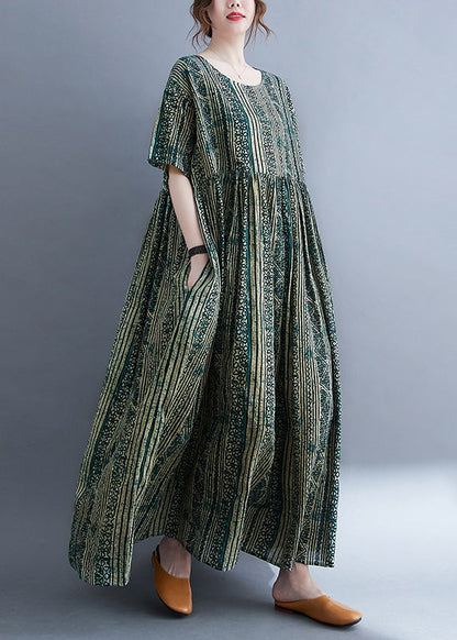 Frauen Grün O-Ausschnitt Cinched Print Extra großer Saum Lange Kleider Kurzarm