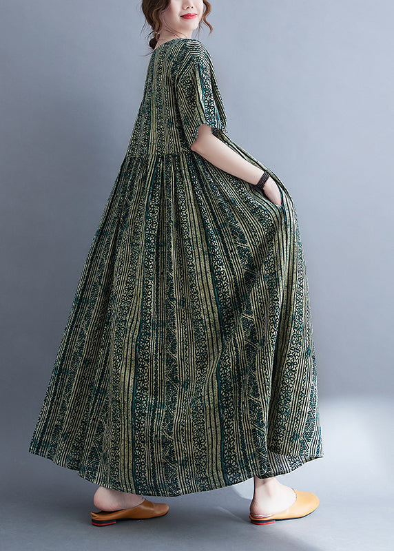 Frauen Grün O-Ausschnitt Cinched Print Extra großer Saum Lange Kleider Kurzarm