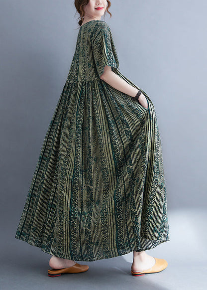 Frauen Grün O-Ausschnitt Cinched Print Extra großer Saum Lange Kleider Kurzarm