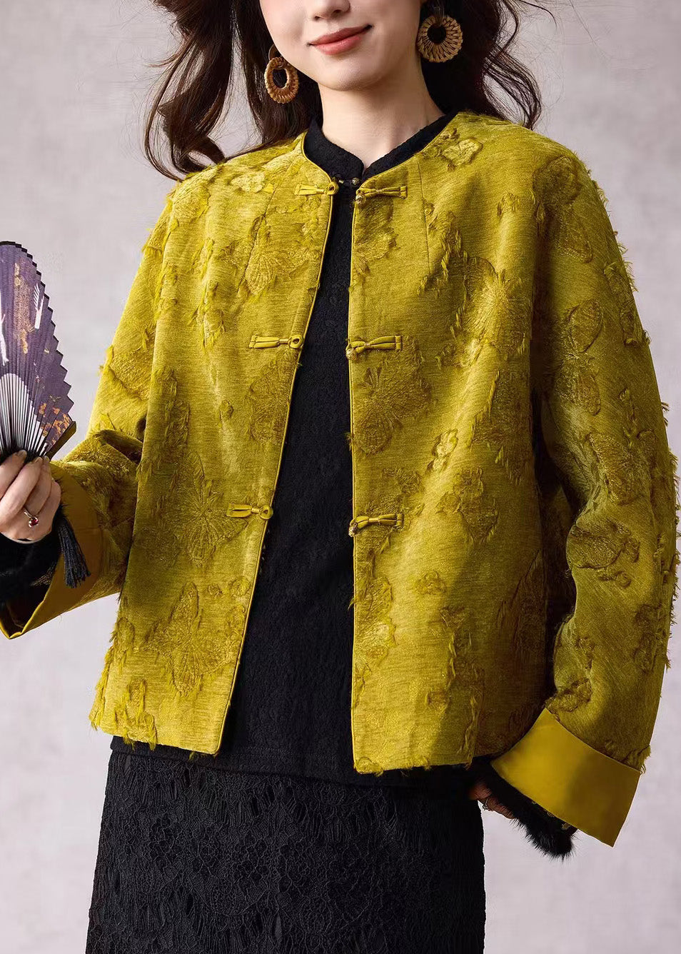 Damen grüne Winterjacke mit Rundhalsausschnitt, Jacquard-Muster, feine Baumwollfüllung