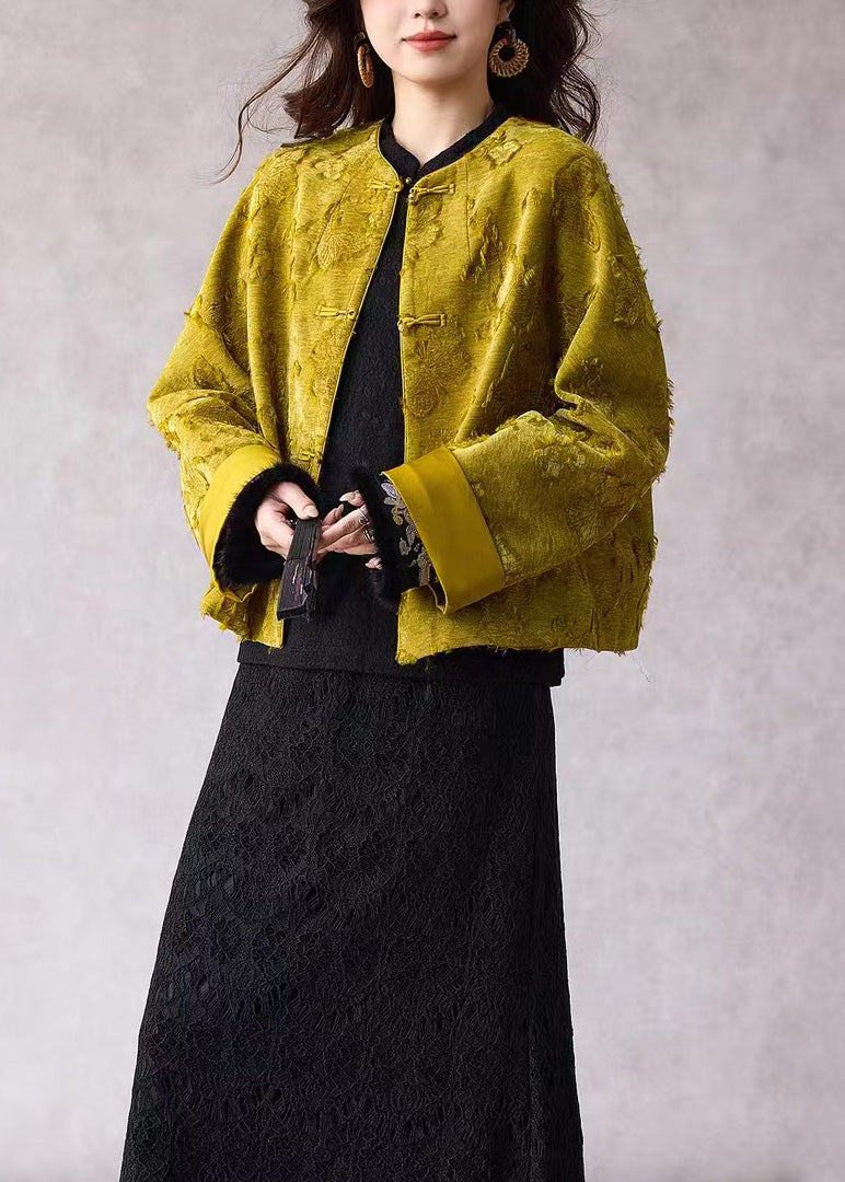 Damen grüne Winterjacke mit Rundhalsausschnitt, Jacquard-Muster, feine Baumwollfüllung