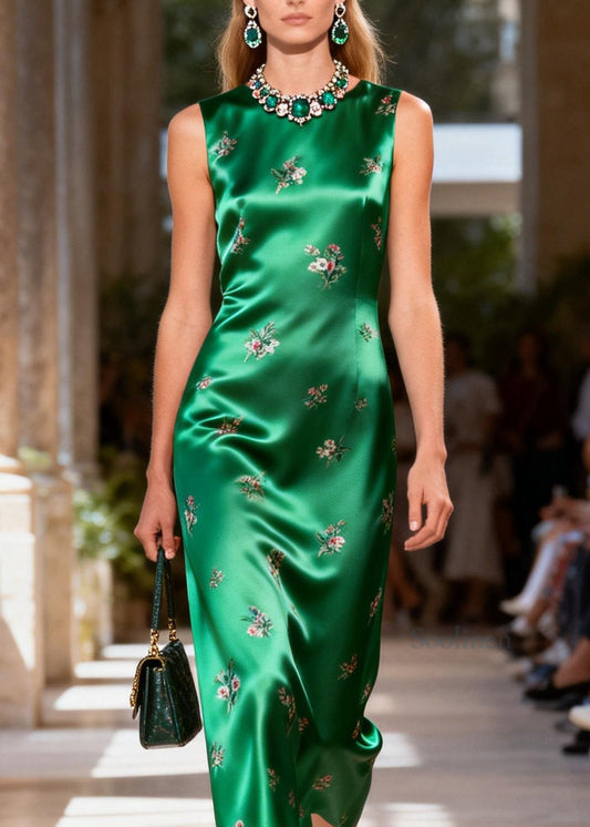 Women Green O Neck Jacquard Silk Dresses Sleeveless