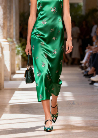 Women Green O Neck Jacquard Silk Dresses Sleeveless