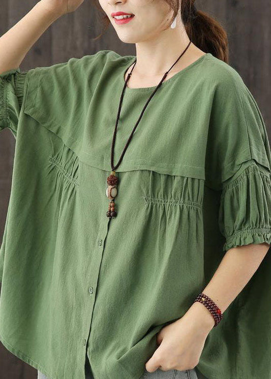 Damen Grünes O-Ausschnitt Patchwork Knopf zerknittertes Herbst Halbarm Top