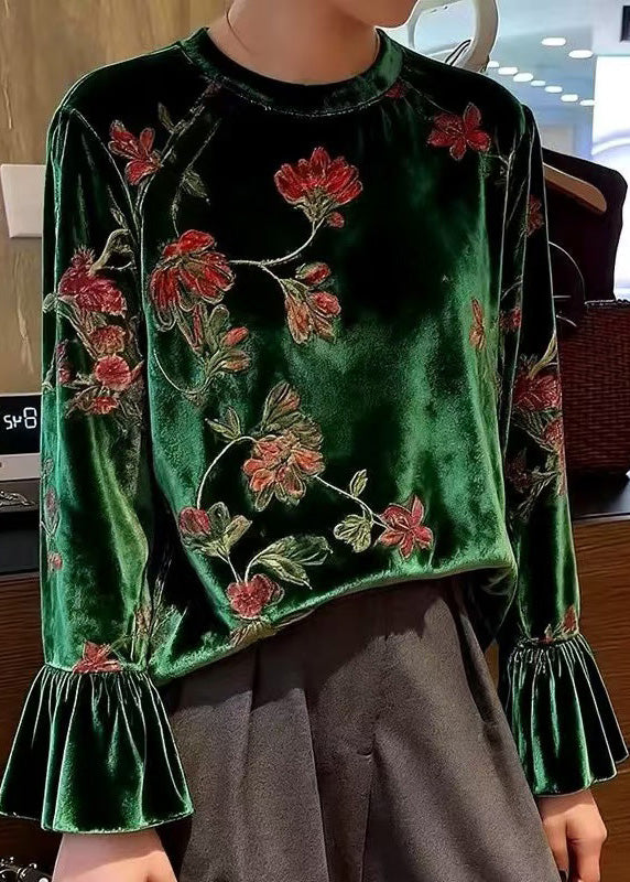 Women Green O Neck Print Patchwork Velour Blouses Spring