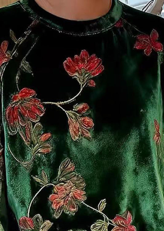 Women Green O Neck Print Patchwork Velour Blouses Spring