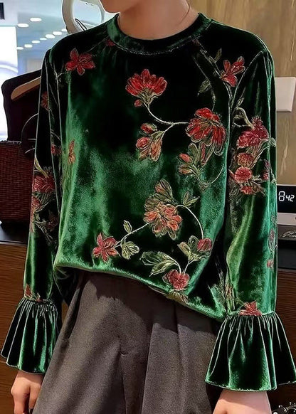 Women Green O Neck Print Patchwork Velour Blouses Spring