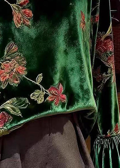 Women Green O Neck Print Patchwork Velour Blouses Spring