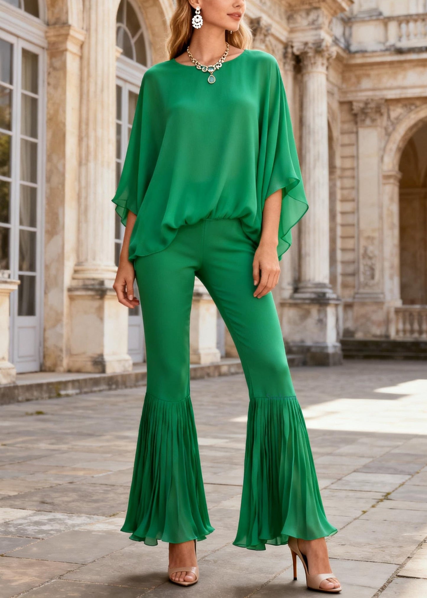Women Green O Neck Tops And Wrinkled Flare Bottoms Cotton Two Pieces Set Batwing Sleeve