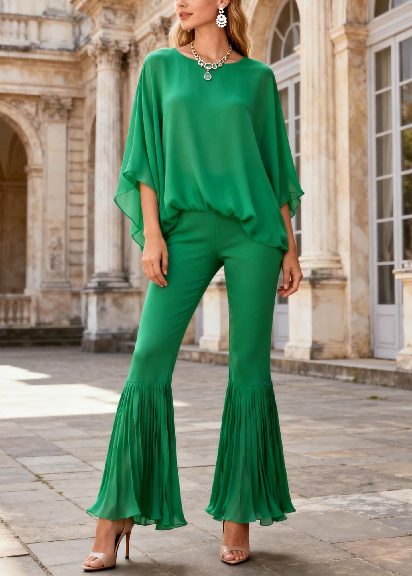 Women Green O Neck Tops And Wrinkled Flare Bottoms Cotton Two Pieces Set Batwing Sleeve