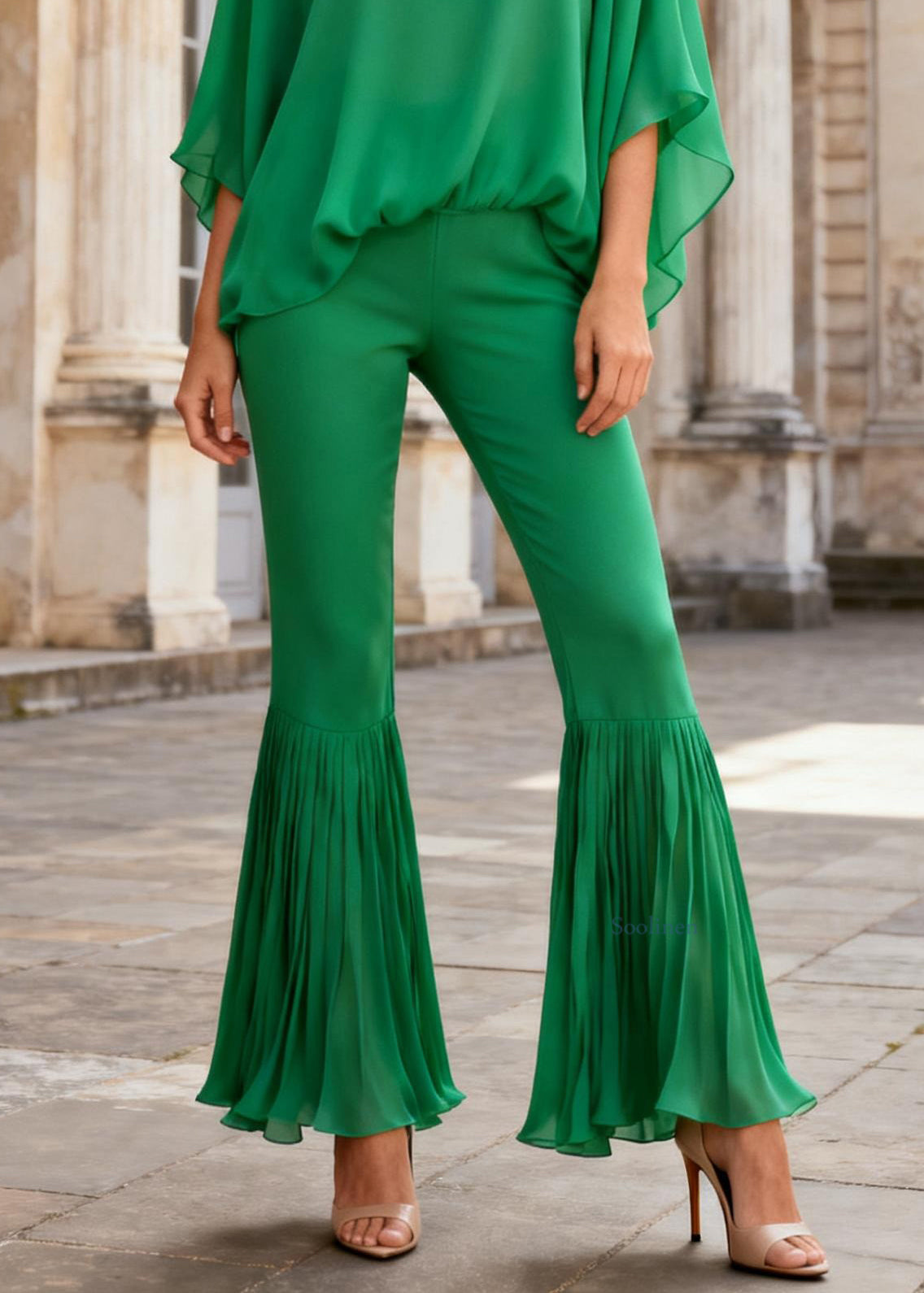 Women Green O Neck Tops And Wrinkled Flare Bottoms Cotton Two Pieces Set Batwing Sleeve