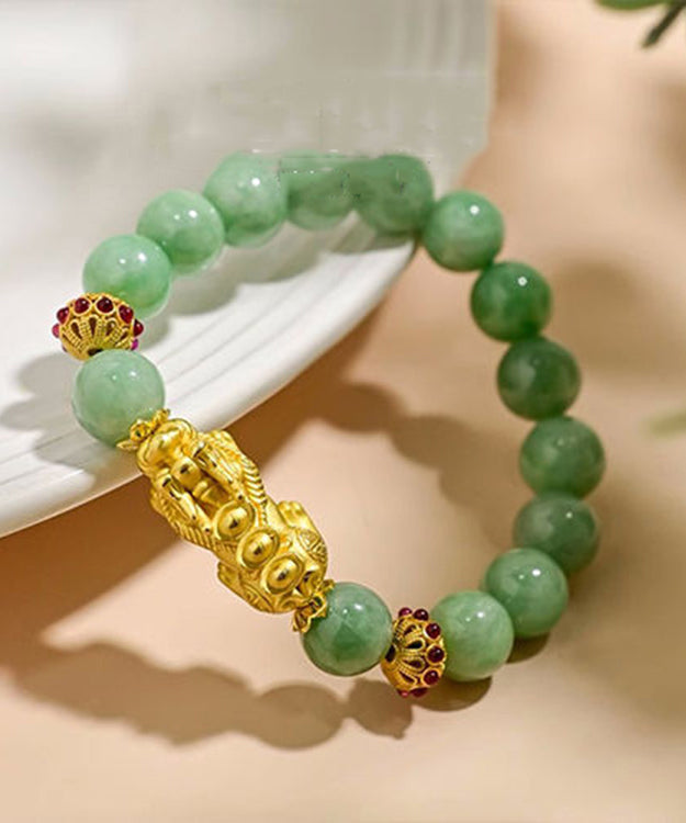 Damen Grünes Overgild Jade-Armband mit mythischem Wildtier