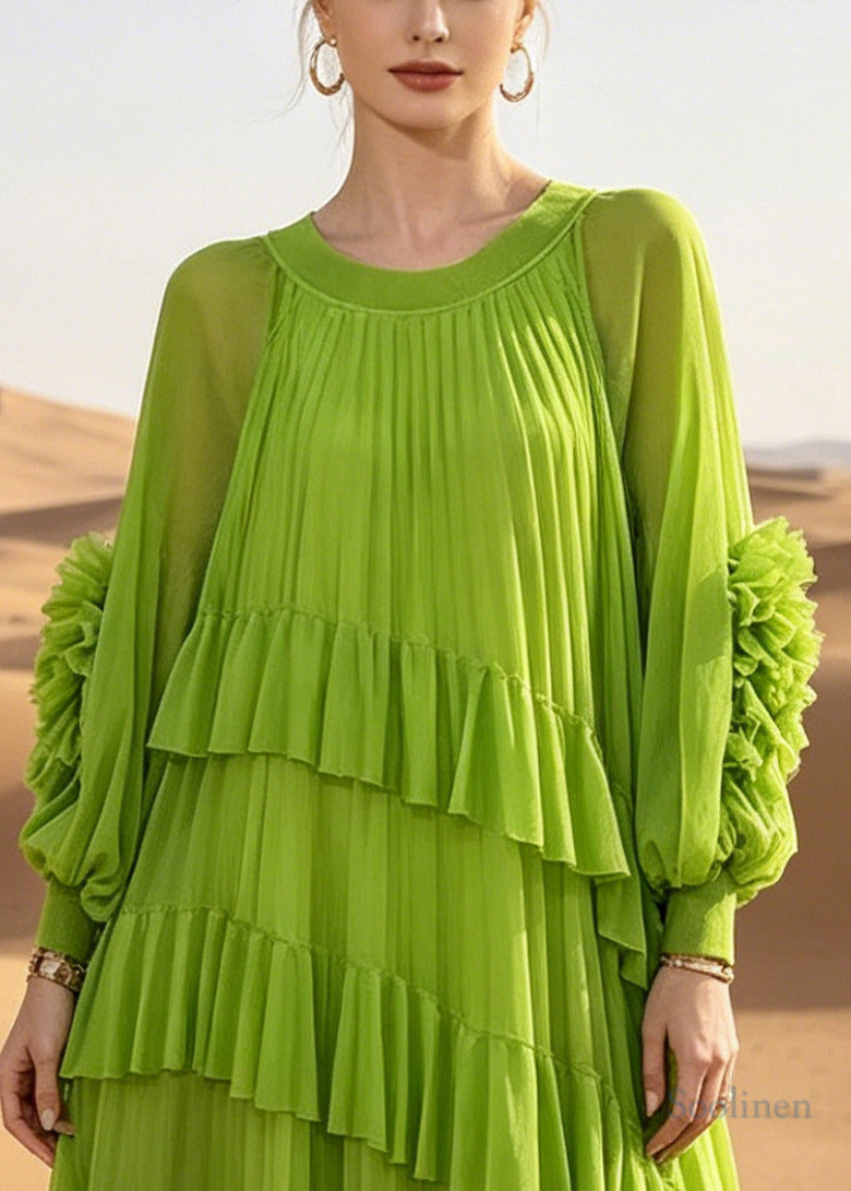 Women Green Oversized Ruffles Chiffon Vacation Dress Summer