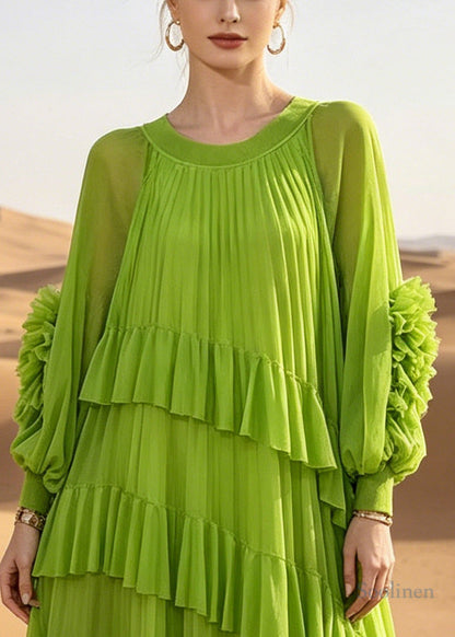 Women Green Oversized Ruffles Chiffon Vacation Dress Summer