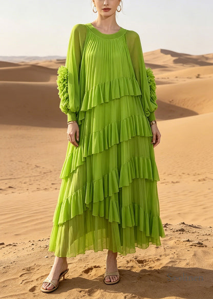 Women Green Oversized Ruffles Chiffon Vacation Dress Summer