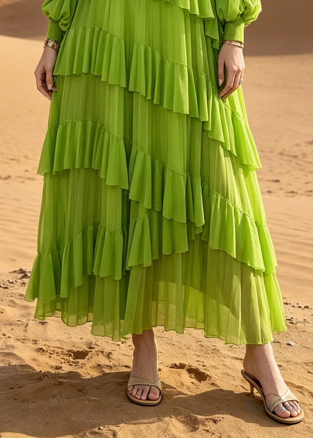 Women Green Oversized Ruffles Chiffon Vacation Dress Summer