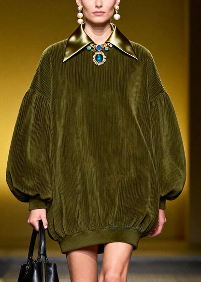 Women Green Peter Pan Collar Patchwork Corduroy Dresses Lantern Sleeve