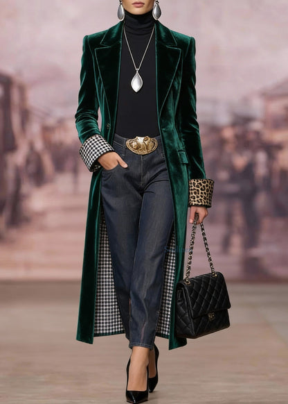 Women Green Peter Pan Collar Pockets Velvet Coat Spring